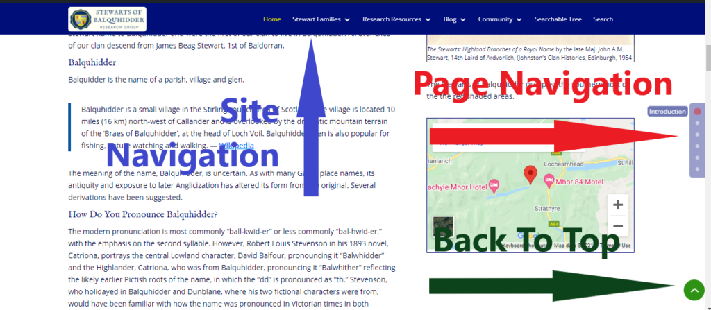 screen shot of site navigation features