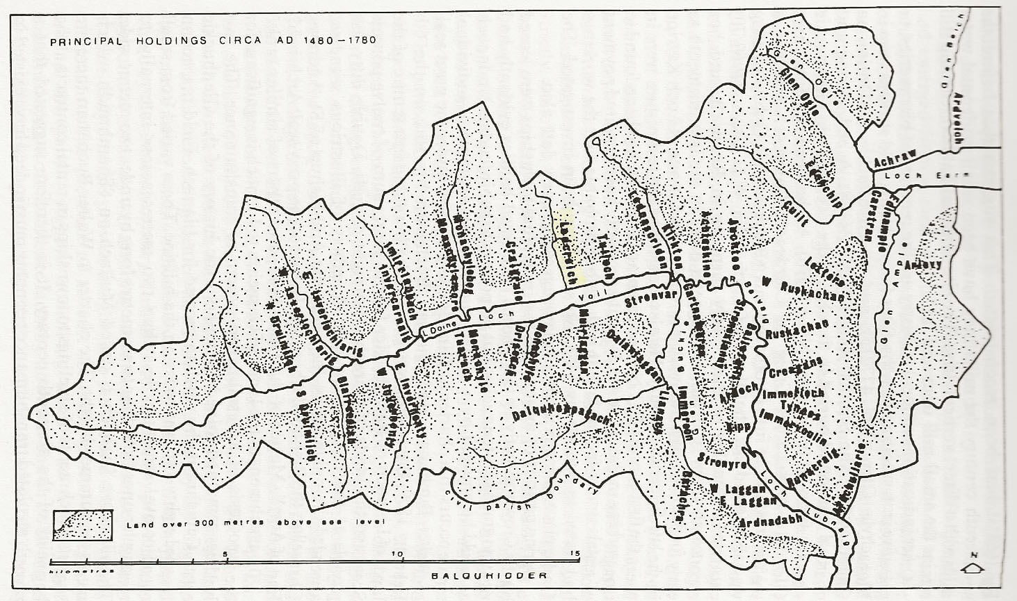 hand drawn map representing properties in Balquhidder in the 1600s