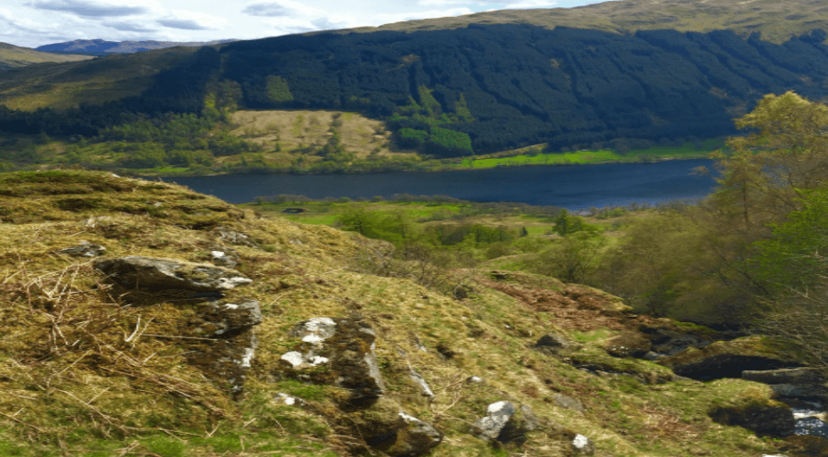 Highland Scottish loch viewed from up a hillside