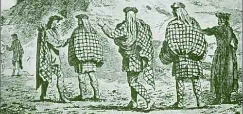 drawing of four kilted highlanders