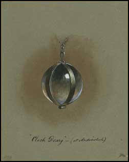 drawing of a polished red stone mounted as a pendant on a chain