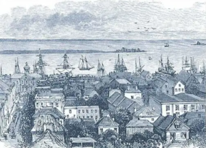 line drawing of colonial Charleston, South Carolina, USA, showing old houses on a waterfront with a partially cloudy skyline