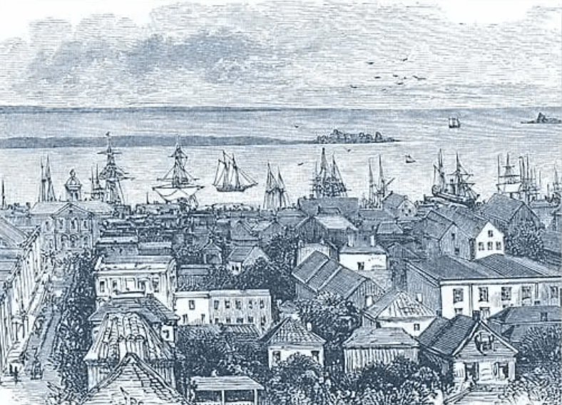 line drawing of colonial Charleston, South Carolina, USA, showing old houses on a waterfront with a partially cloudy skyline