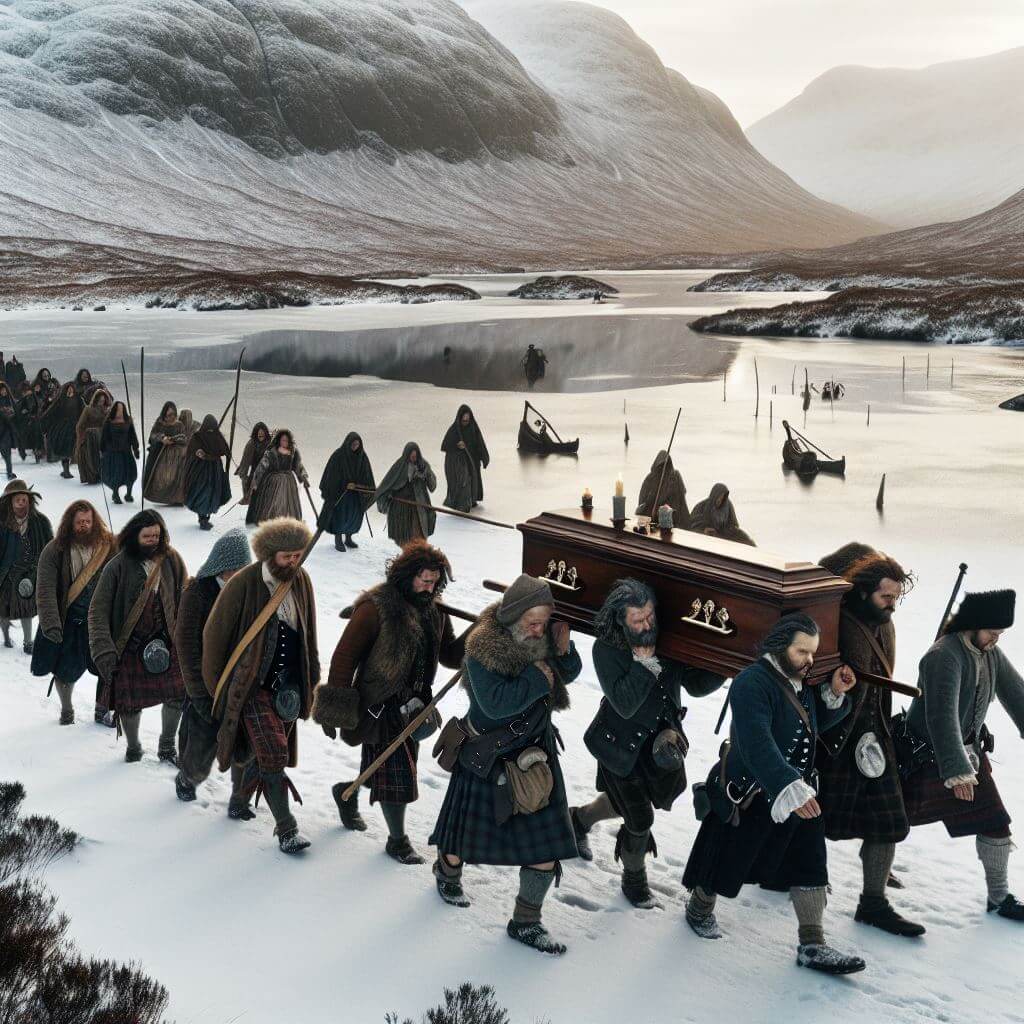 AI generated image of a 16th century Scottish Highland funeral procession in winter crossing a frozen lake