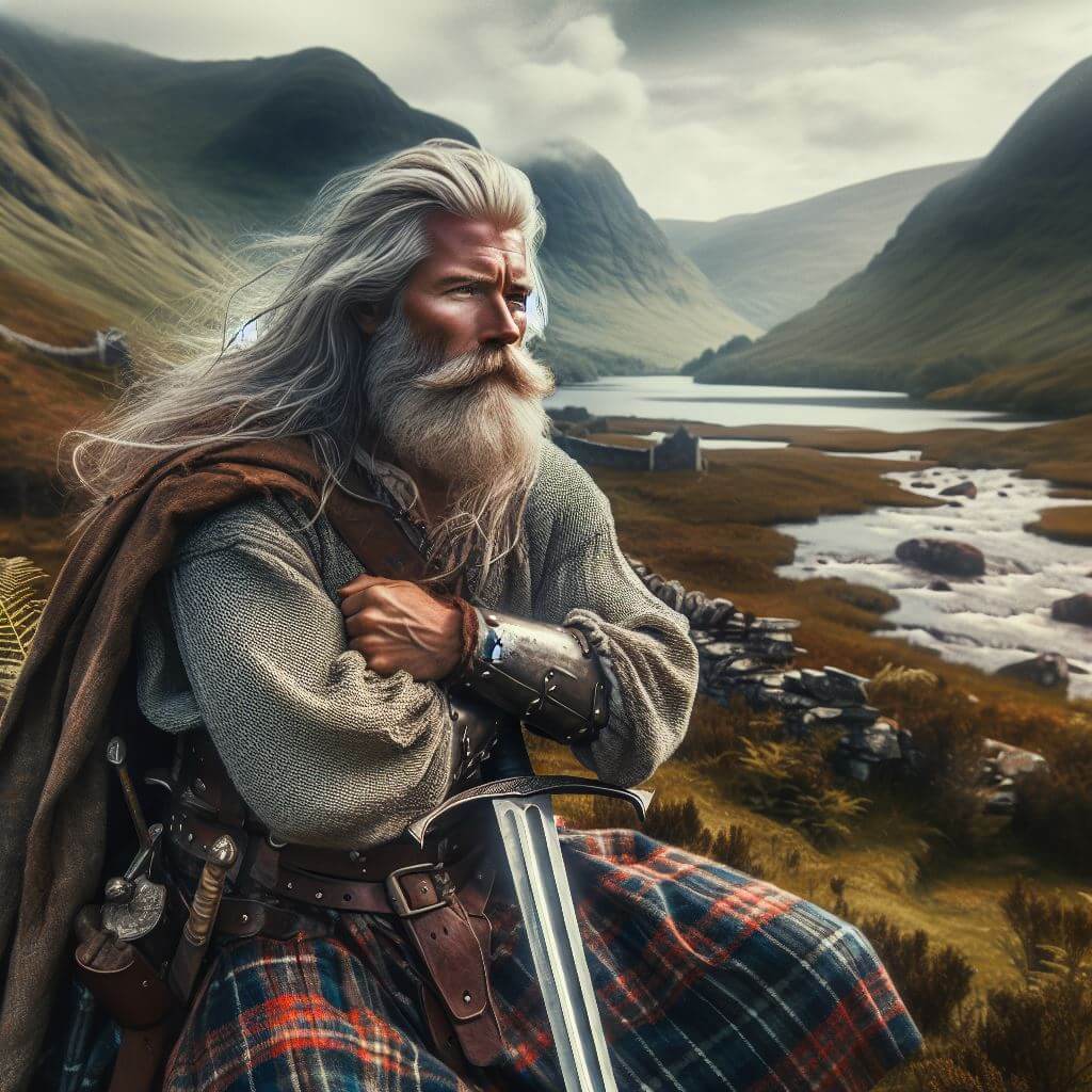 AI generated image of a 17th century grey-haired Scottish Highland soldier leaning on his sword with a mountain glen in the background in summer with the sun breaking through the clouds