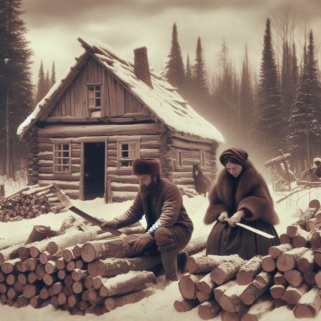 AI-generated image of pioneer settlers in the winter piling wood in front of their cabin