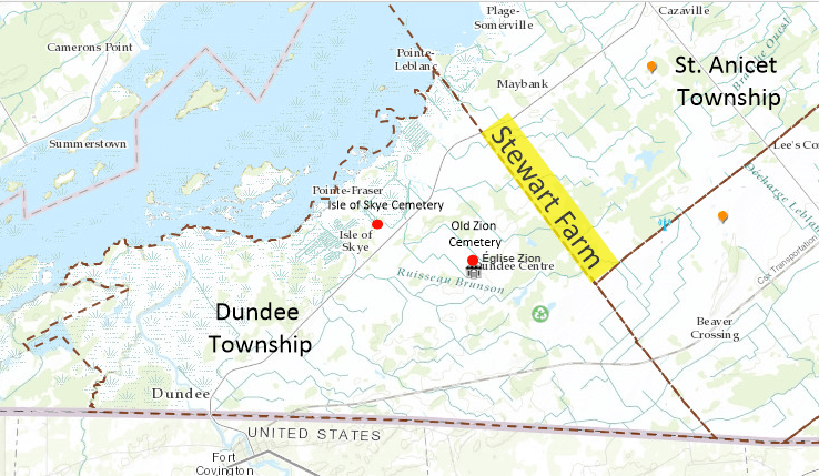 Map of Dundee and St. Anicet showing the location of the Stewart farm and local cemeteries