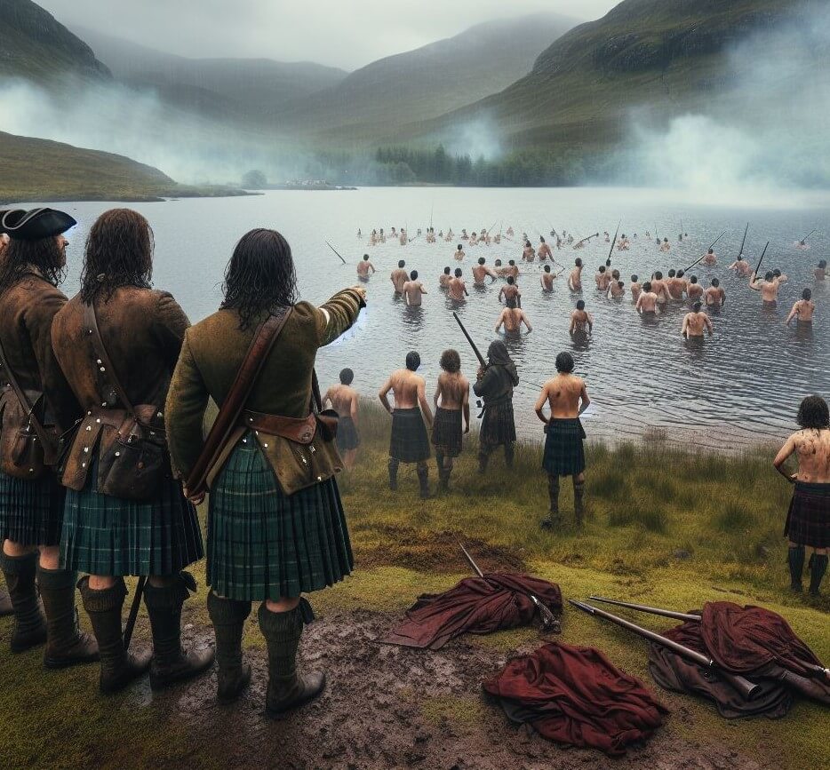 AI-generated image of three highlanders capturing forty men swimming in a loch on a misty day.