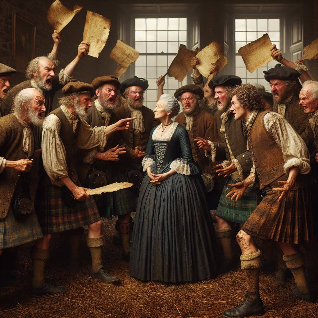 AI-generated image of 8 angry men in kilts waving papers at an aristocratic woman