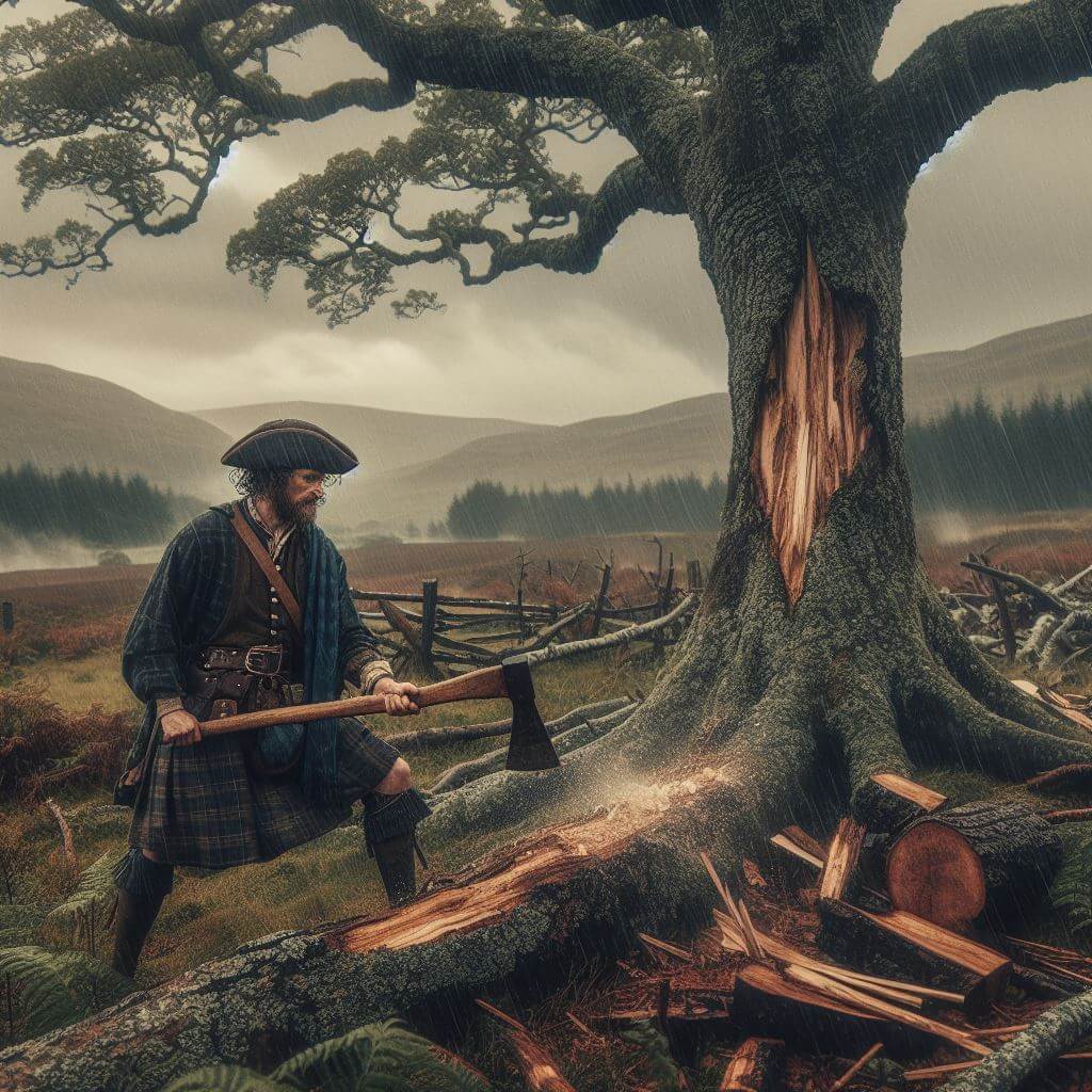 AI generated image of an 18th century Scottish Highland gentleman chopping down an oak tree