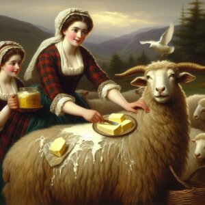 AI-generated image of an 18th century Scottish Highland woman spreading butter on sheep