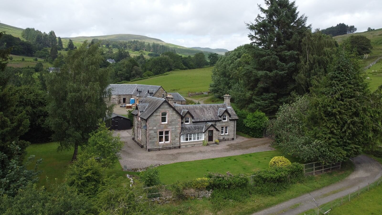 aerial view of a Highland Scottish farmhouse