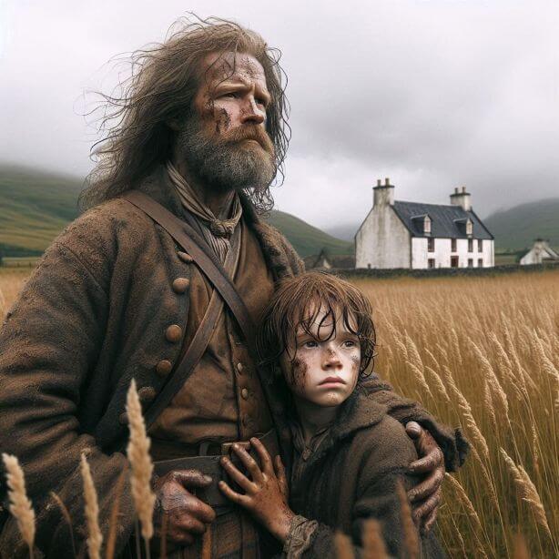 bedraggled 18th century Highland soldier with his young son observing a farmhouse across a field
