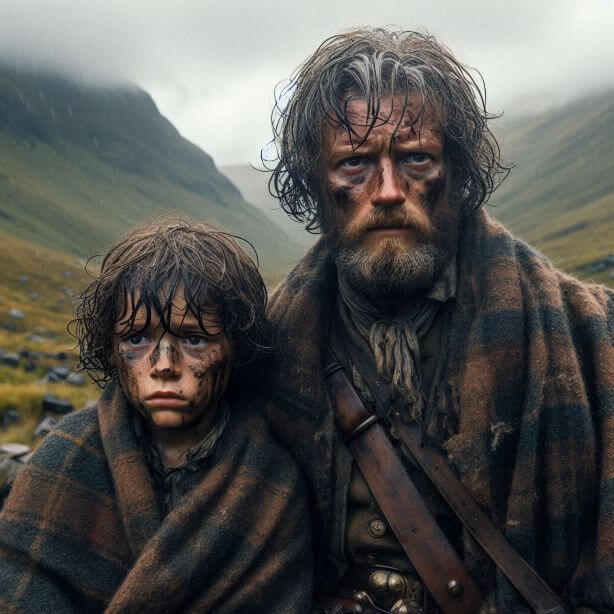 AI-generated picture of a bedraggled Highland soldier and his young son