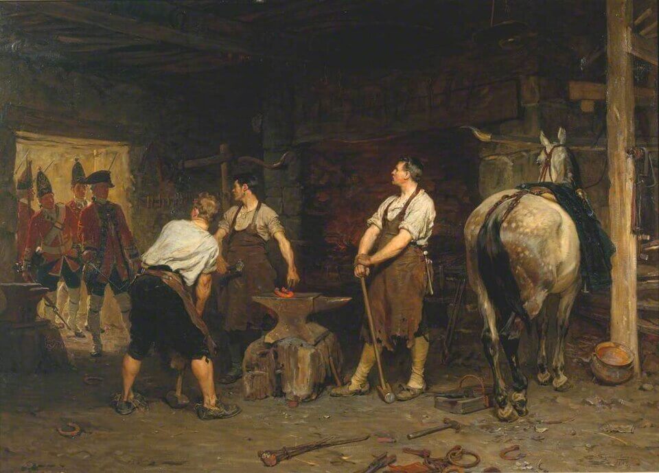painting of 18th century Scottish farmers being harassed by British soldiers