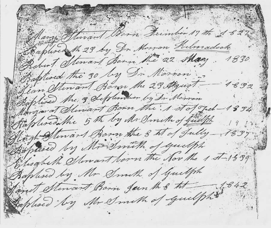 hand-written list of children's births from the front page of a family bible, ca. 1850