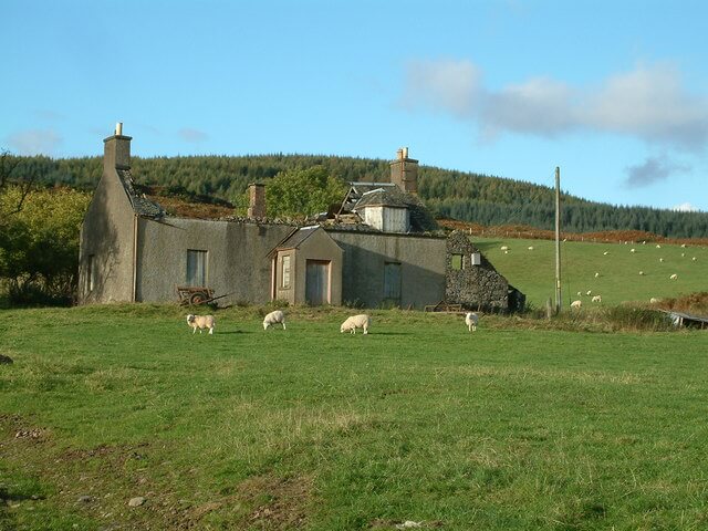 Ruins of an 18th-century farmhouse that appears to have been plastered more recently. There is no roof on the building. Sheep graze on the grassy slopes in front of the building and on the distant slopes in the background. The sky is bright blue with a whisp of clouds.