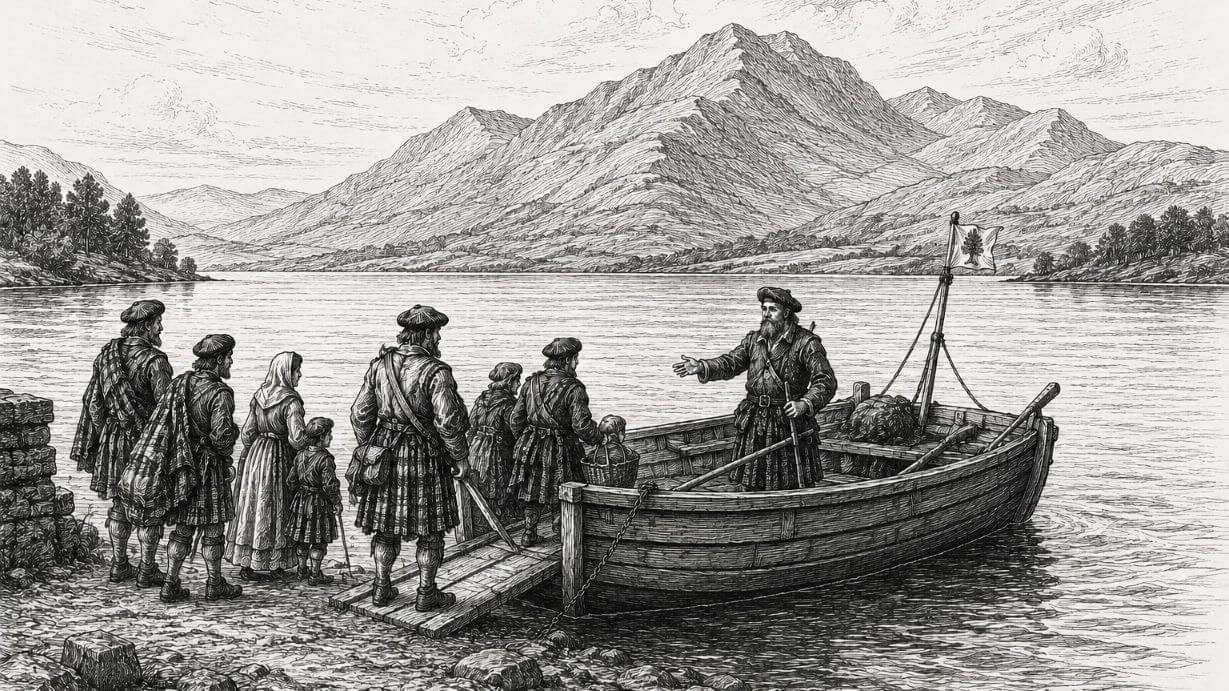 pen & ink style drawing of an 18th century Highland Scottish ferryboat with passengers loading to cross a mountain loch