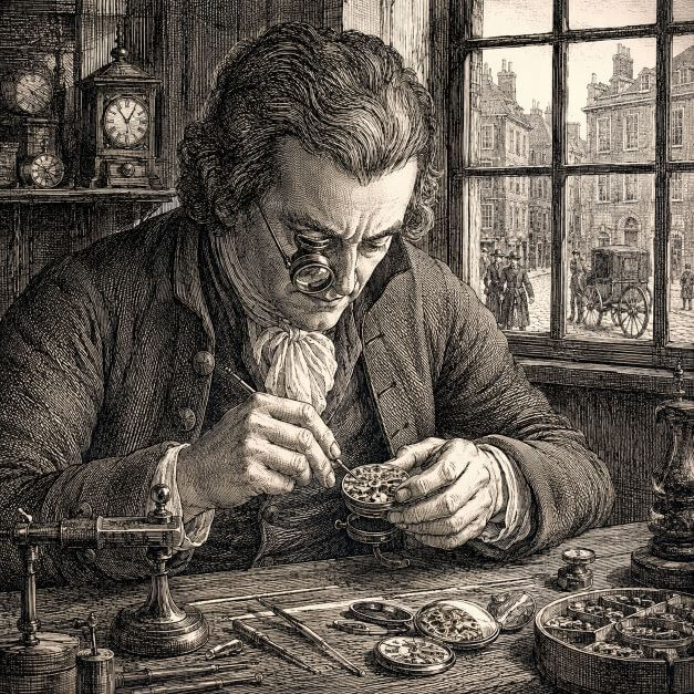 AI image - b&w line drawing of an 18th century watchmaker working in his shop. He is hunched over his work table working on a watch. There is a window behind him with a view to the street.