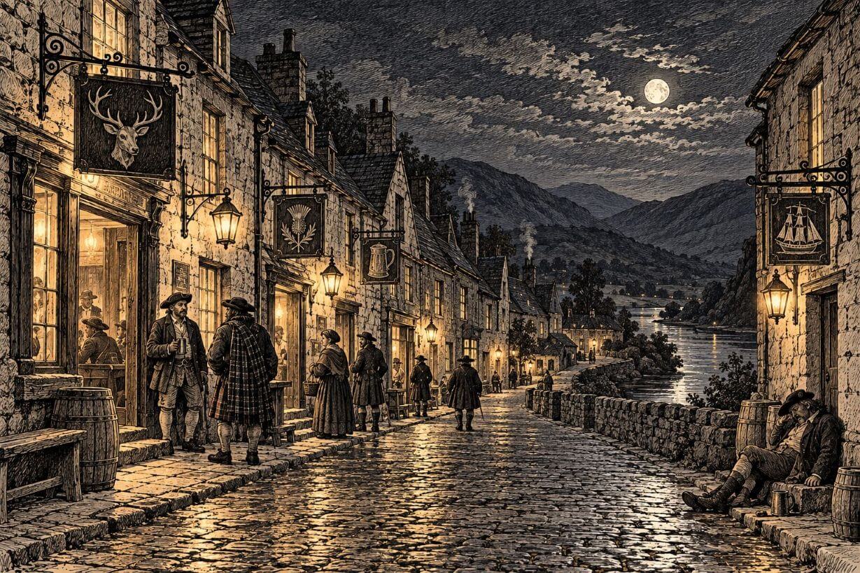 AI-generated historic pen-and-ink style drawing of an 18th-century Highland Scottish town at night situated on a riverbank. A few pub patrons are standing in the streets, with one drunk slumped against a wall.